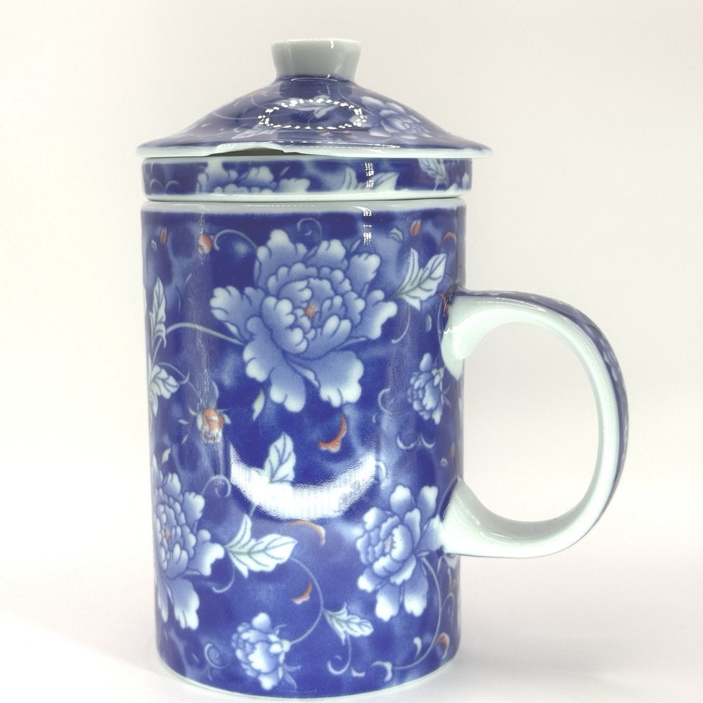 Ceramic Tea Infuser Mug Lid Blue White‎ Peony Floral 3pc Set Unique Strainer Top